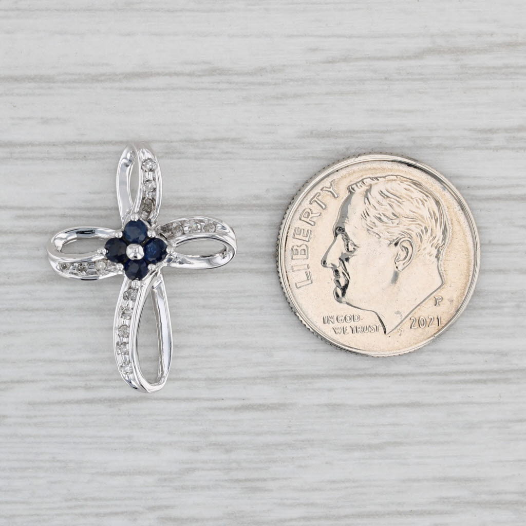 Light Gray Blue Sapphire Flower Diamond Cross Pendant 10k White Gold