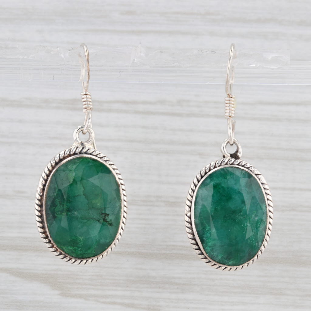 Light Gray Faceted Green Stone Dangle Earrings Sterling Silver Hook Post Drops