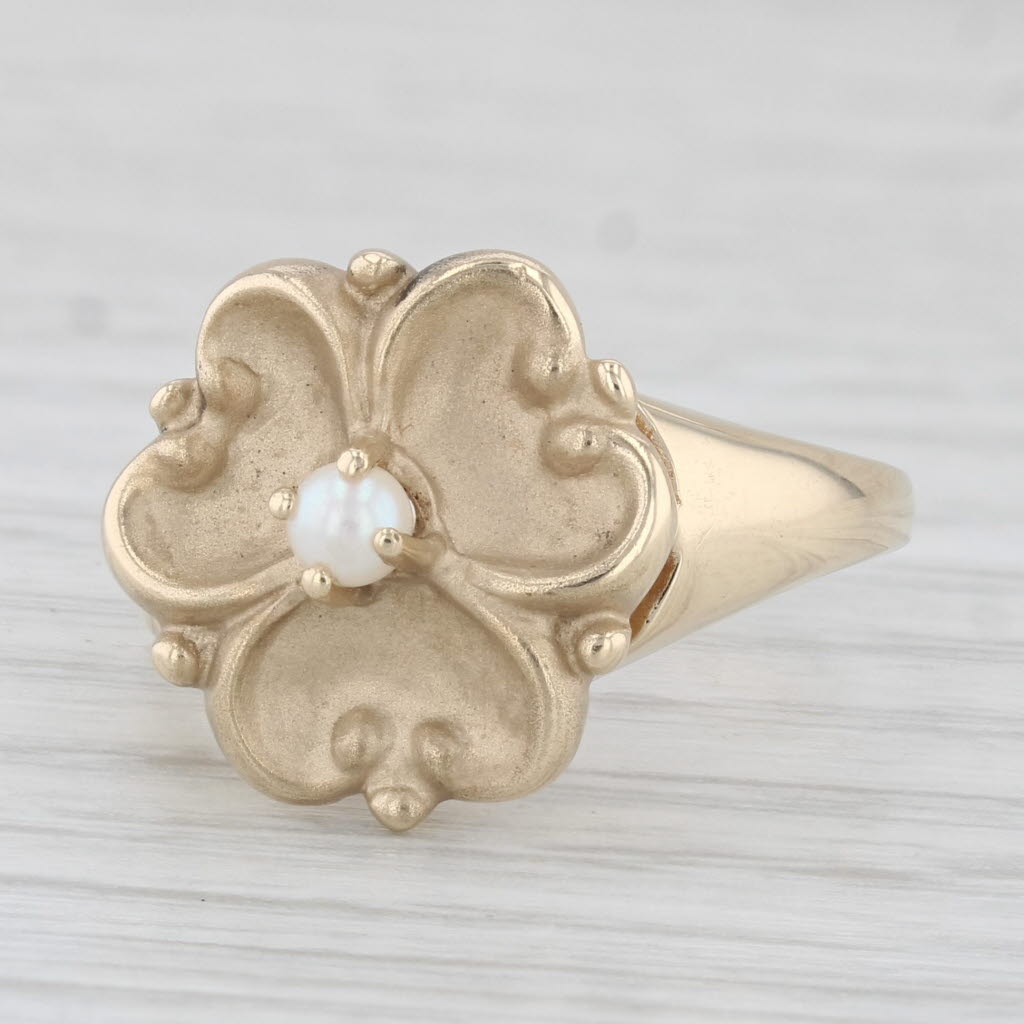 Light Gray Vintage Cultured Pearl Plumeria Flower Ring 10k Yellow Gold Size 6.75