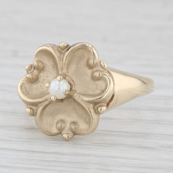 Vintage Cultured Pearl Plumeria Flower Ring 10k Yellow Gold Size 6.75