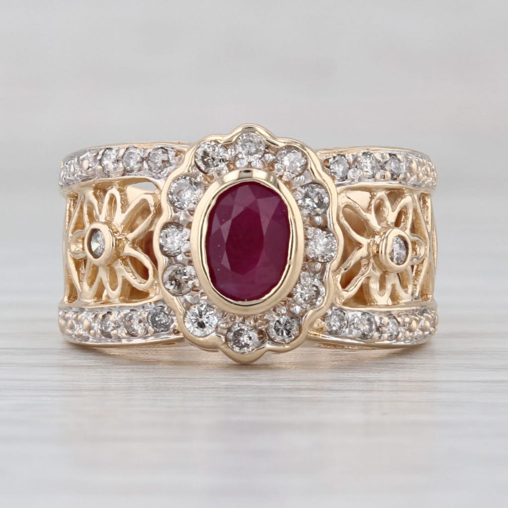 1.12ctw Ruby Diamond Halo Ring 14k Yellow Gold Size 7.25-7.5 Flower Accents