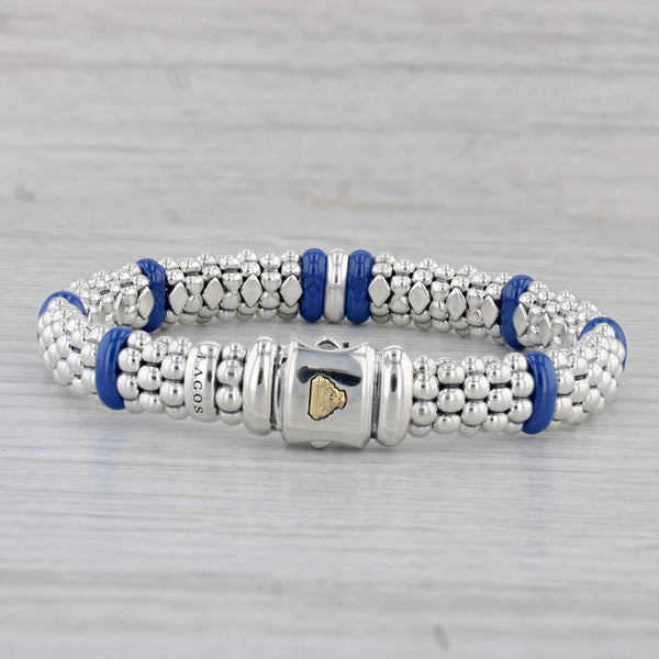 Lagos Bead Bracelet 0.10ctw Diamond Sterling Silver Blue Ceramic 6.75" w/ Bag