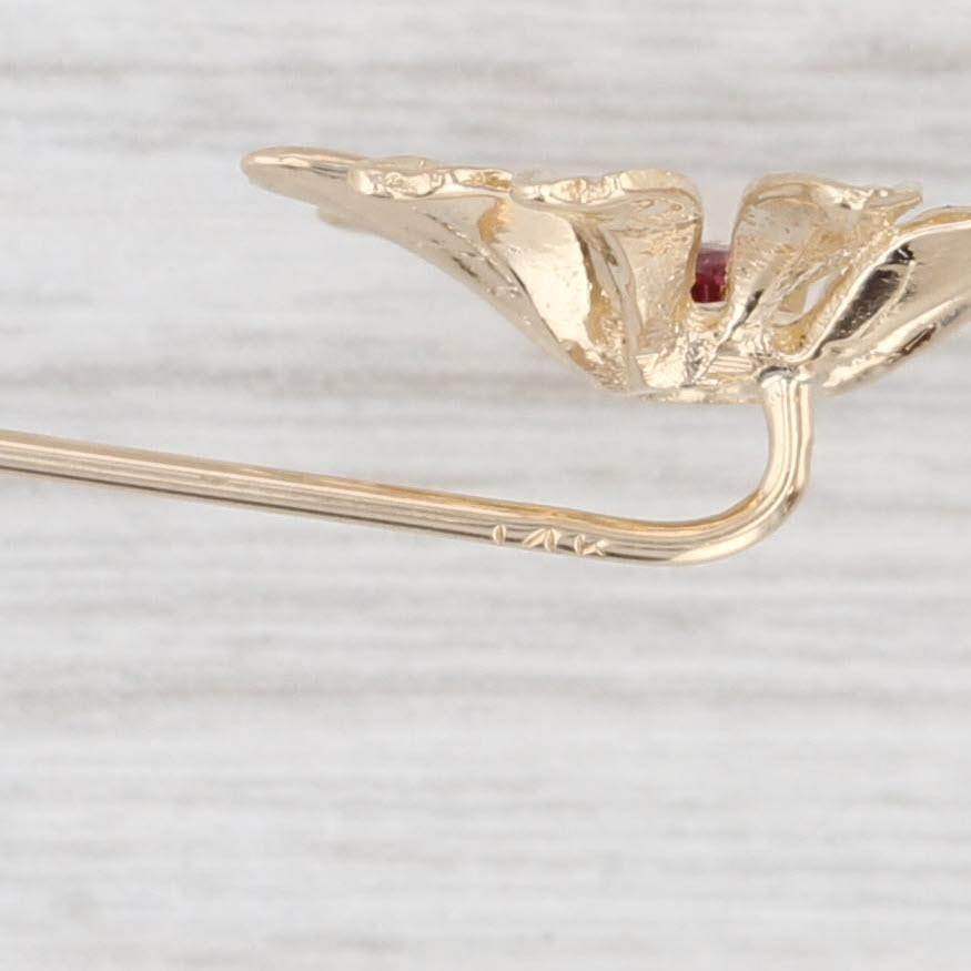 Light Gray Ruby Flower Stickpin 14k Yellow Gold Vintage Floral Pin
