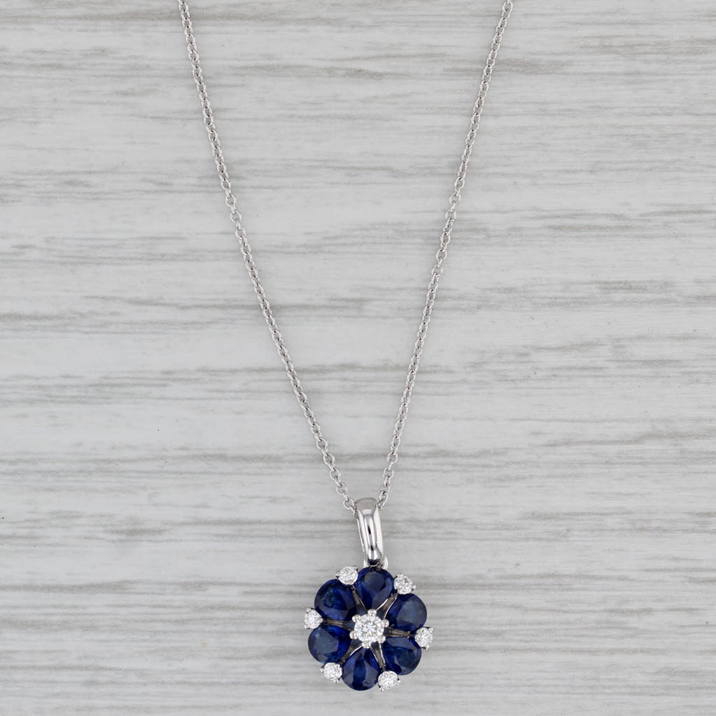 Gray New 1.75ctw Blue Sapphire Diamond Flower Pendant Necklace 14k White Gold 18"