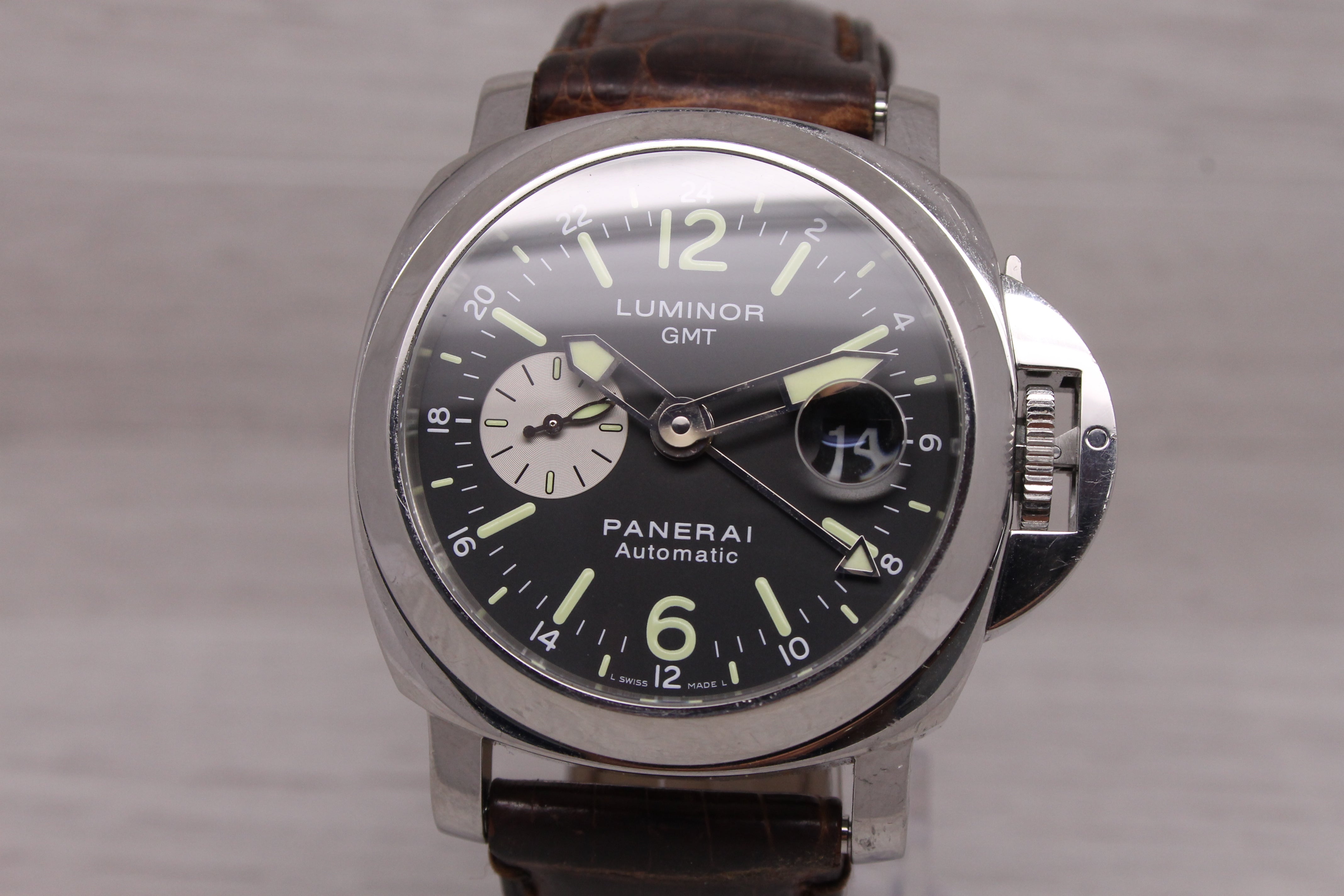 Light Slate Gray Panerai Luminor GMT PAM88 PAM 00088 Mens 44mm Steel Automatic Watch Box Papers