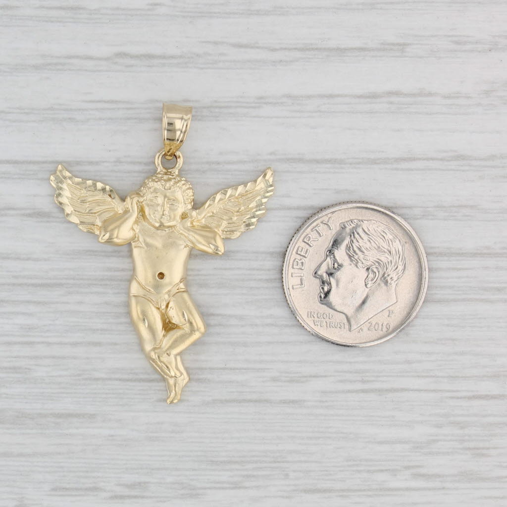 Light Gray Guardian Angel Pendant 14k Yellow Gold Figural Cherub Religious Jewelry