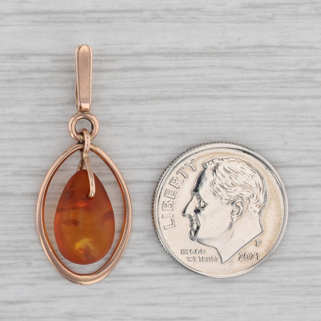 Gray Vintage Amber Pear Solitaire Pendant 14k Yellow Gold Teardrop Dangle