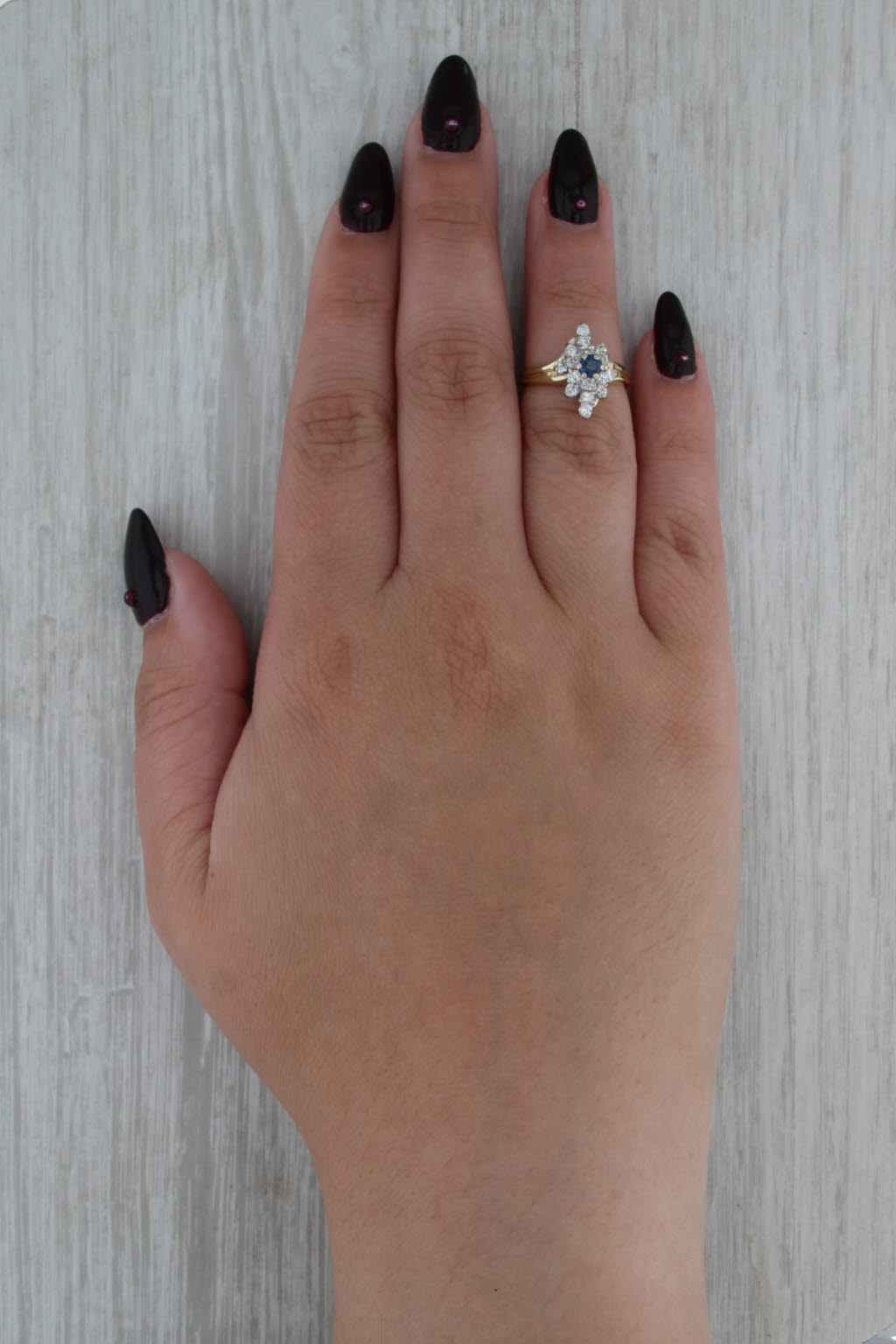 Blue Sapphire Diamond Cluster Bypass Ring 14k Yellow Gold Size 4