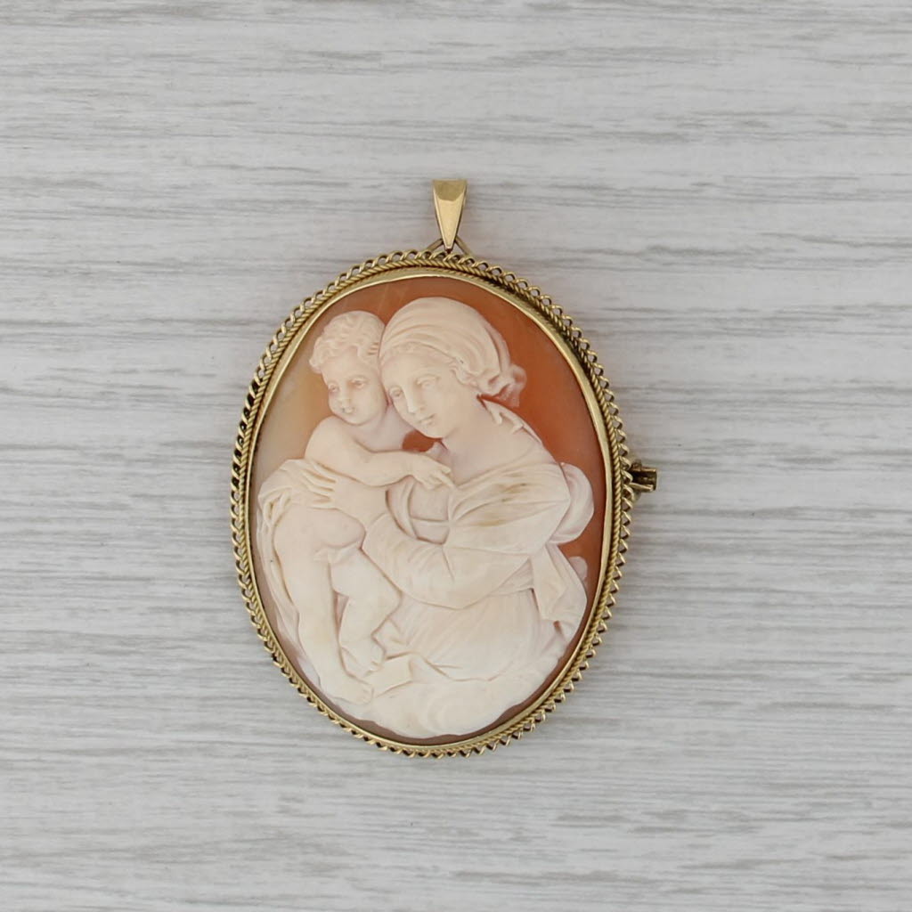 Antique Mother & Child Cameo Brooch Pendant 18k Gold Carved Shell Pin