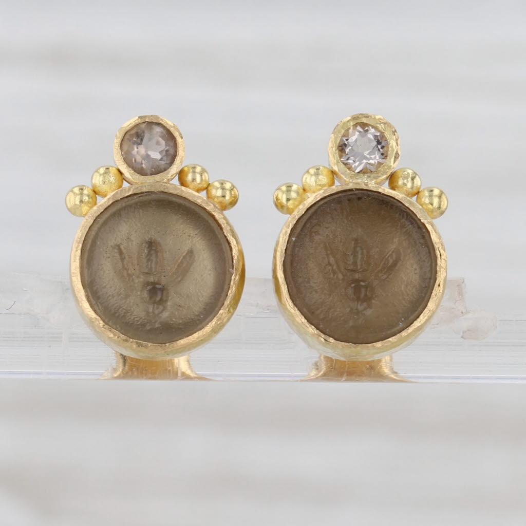 Elizabeth Locke Carved Tiny Bee Smoky Quartz Glass Stud Earrings 18k Gold