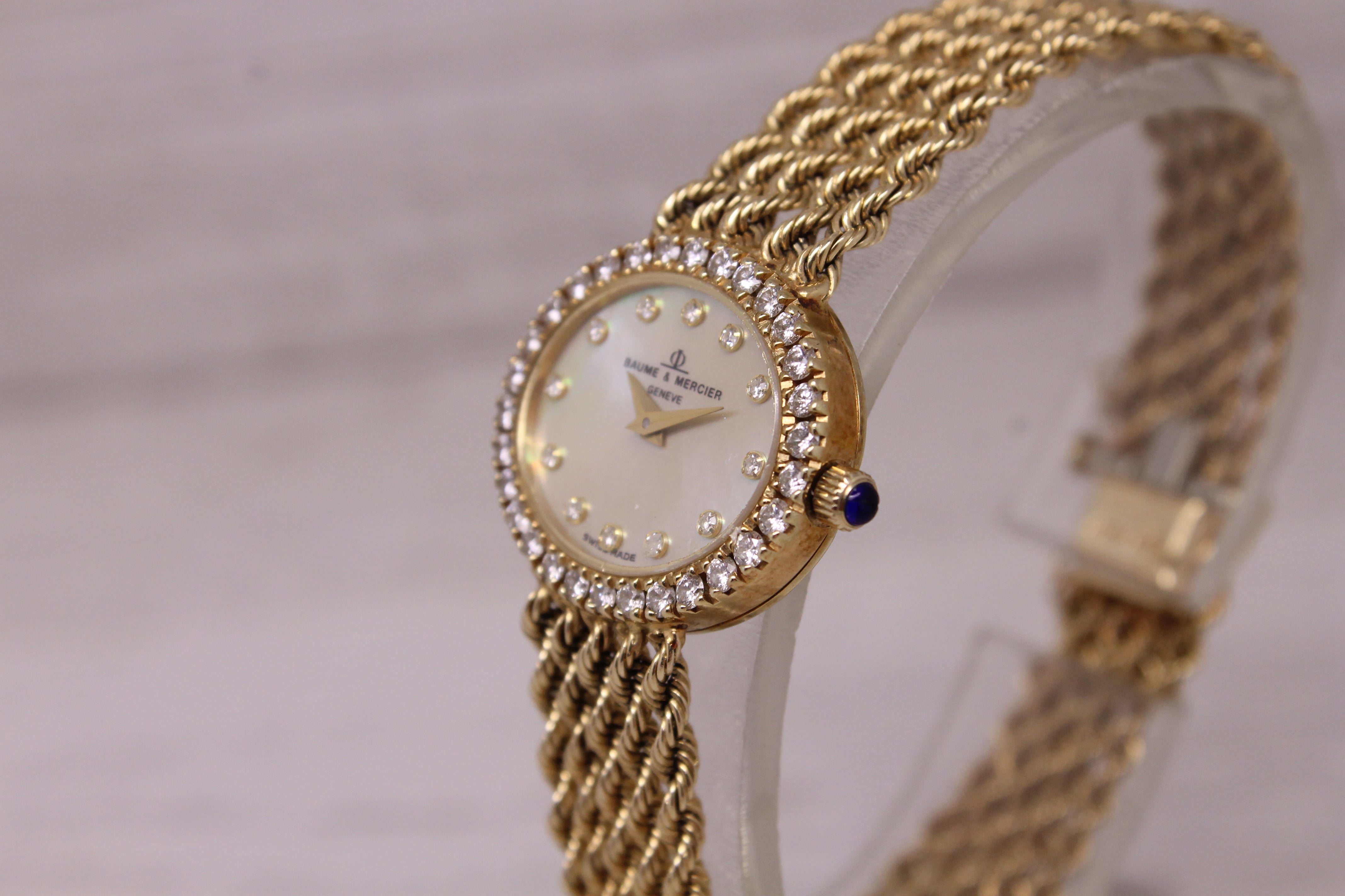 Vintage Baume & Mercier 14k Yellow Gold Ladies MOP & Diamond Rope Dress Watch
