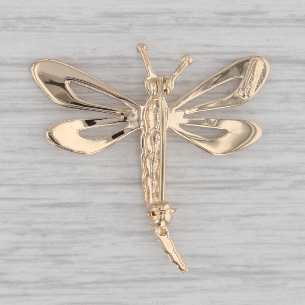 Gray Dragonfly Brooch 14k Yellow Gold Pin Insect Bug Jewelry