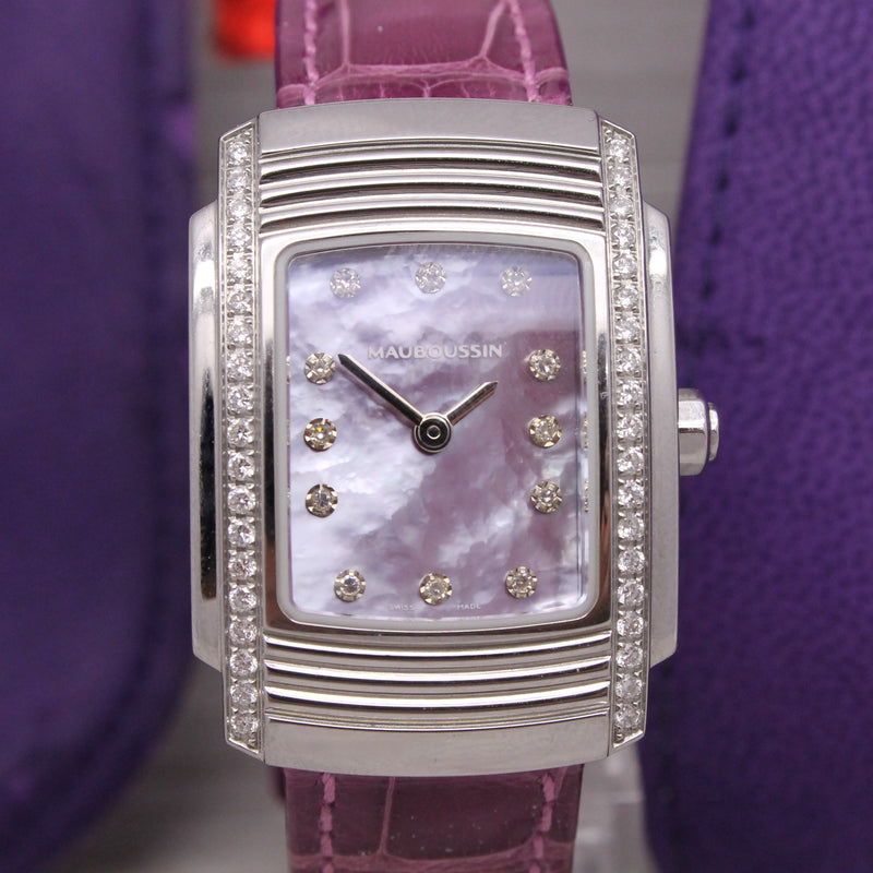 Mauboussin Fouga Ladies Stainless Steel & Diamond Watch MOP Dial w Box Strap