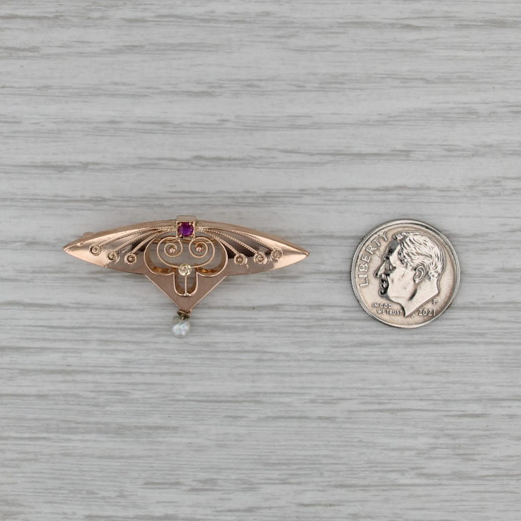 Ornate Antique Ruby Pearl Brooch 14k Rose Gold Pin