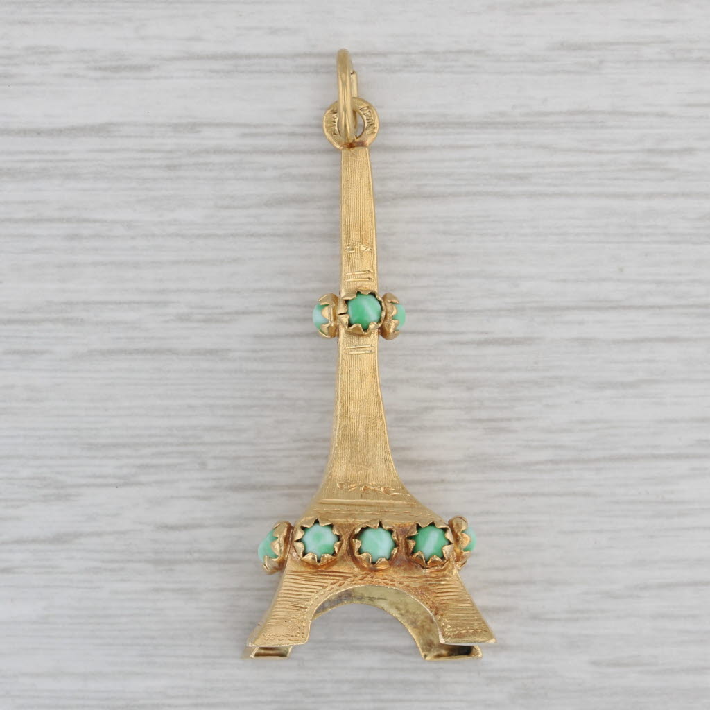 Gray Vintage Glass Accented Eiffel Tower Charm 18k Yellow Gold Paris Souvenir Pendant