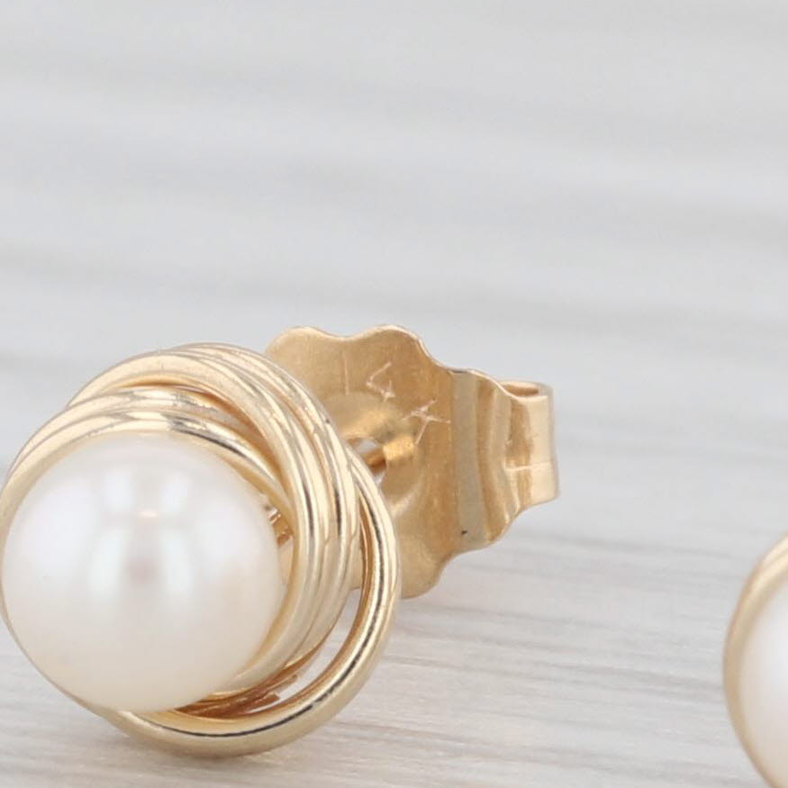 Light Gray Round White Cultured Pearl Knot Stud Earrings 14k Yellow Gold