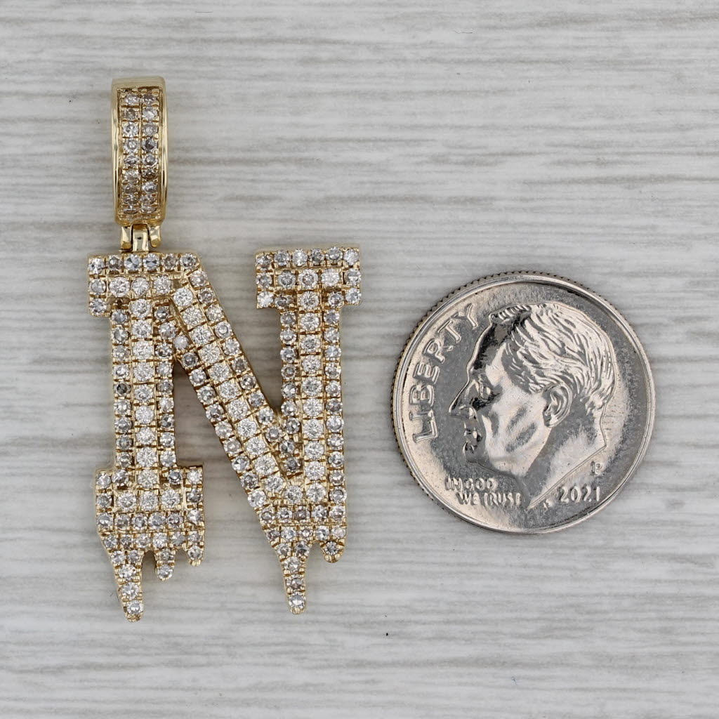 Dark Gray 1ctw Diamond Letter Initial "N" Pendant 10k Yellow Gold