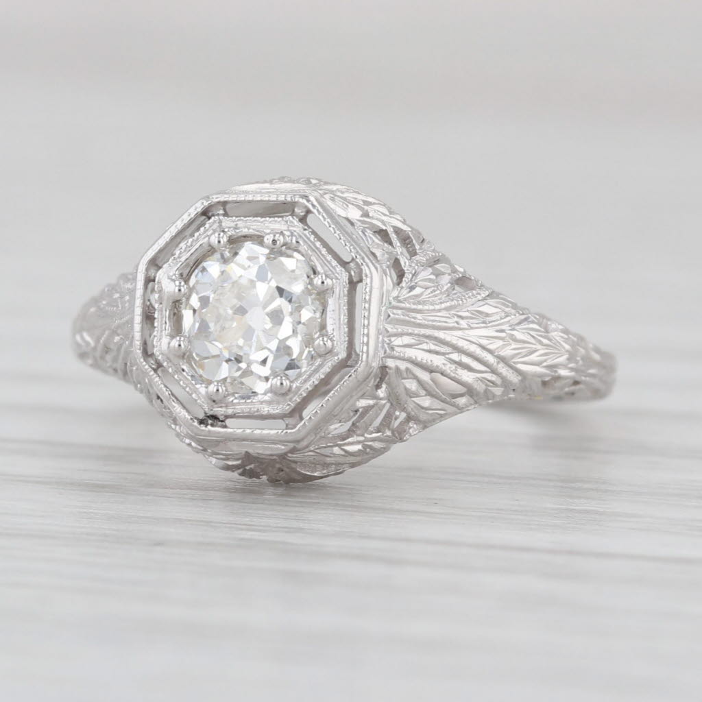Art Deco GIA 0.67ct Old European Engagement Ring 18k Gold Filigree Size 3.75