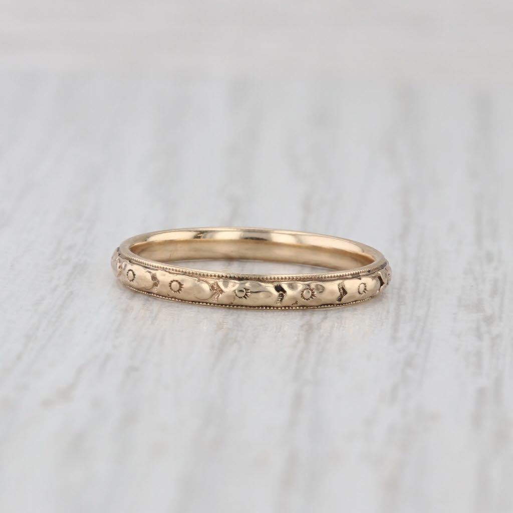 Etched Floral Pattern Band 14k Yellow Gold Size 7 Wedding Stackable Ring