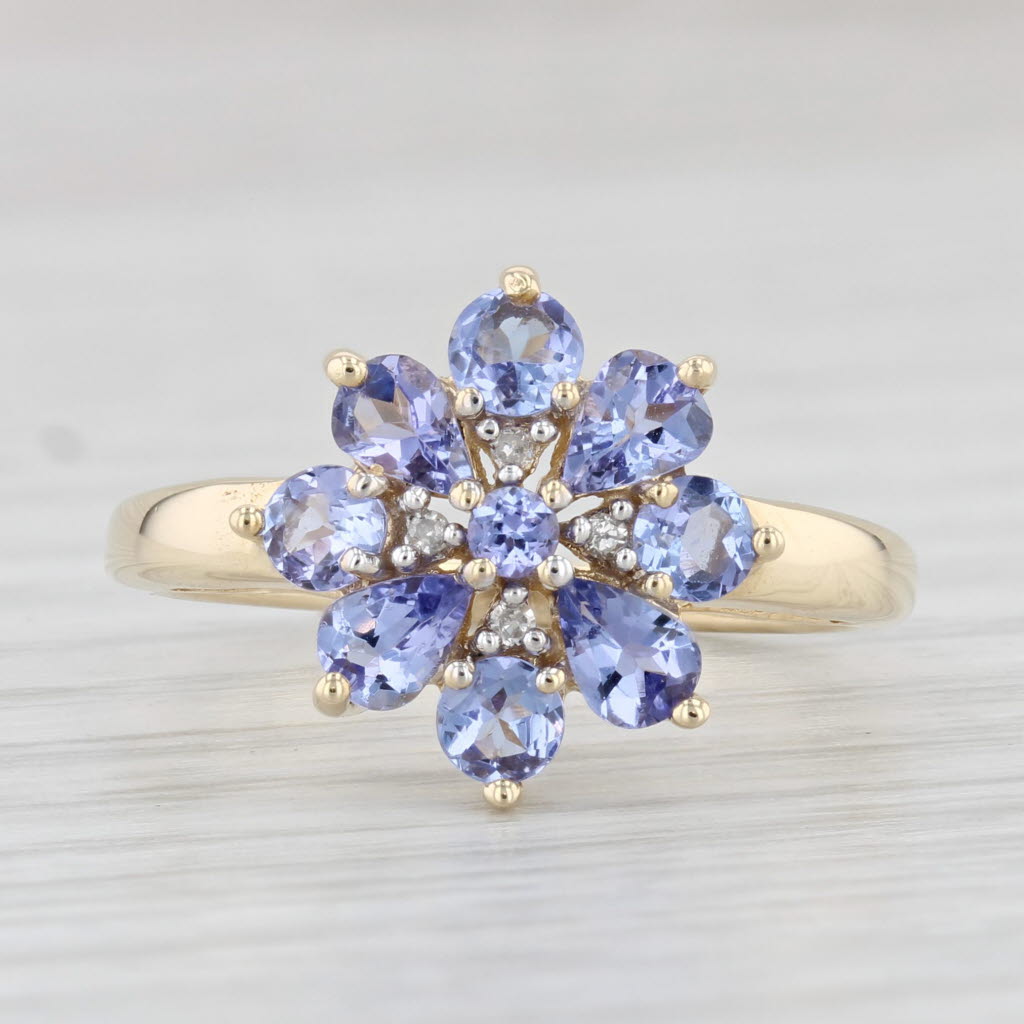 Light Gray 0.82ctw Tanzanite Diamond Flower Cluster Ring 14k Yellow Gold Size 7