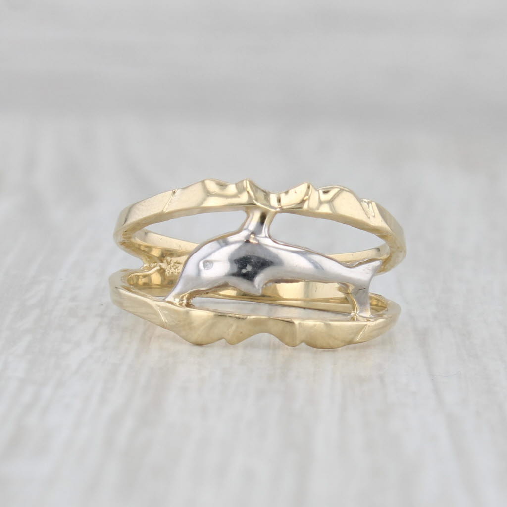 Light Gray 2-Toned Dolphin Ring 14k White Yellow Gold Band Size 7