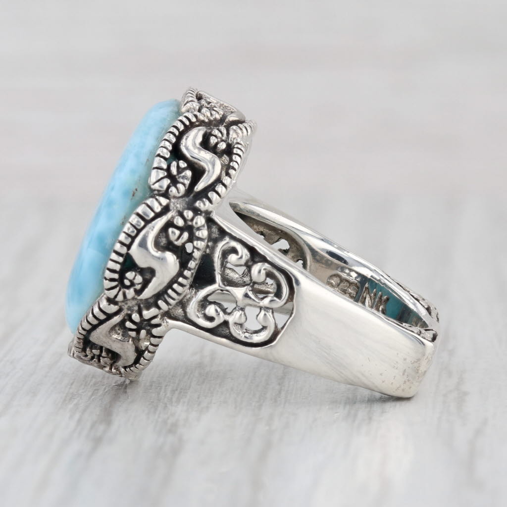 Marbled Blue Larimar Ornate Statement Ring Sterling Silver Size 6 Signed
