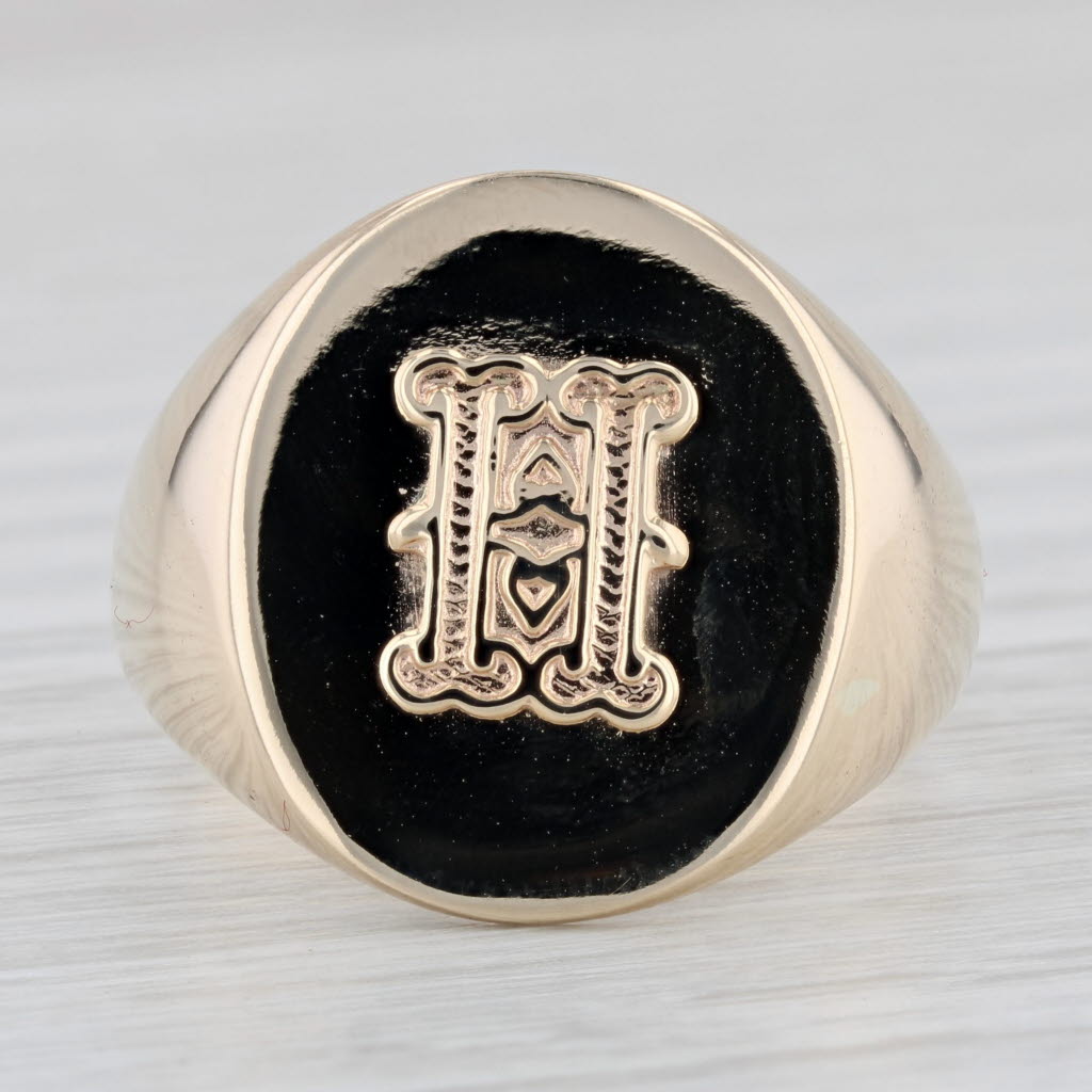 Light Gray Old English H Signet Ring 10k Yellow Gold Men's Size 12 Initial Letter