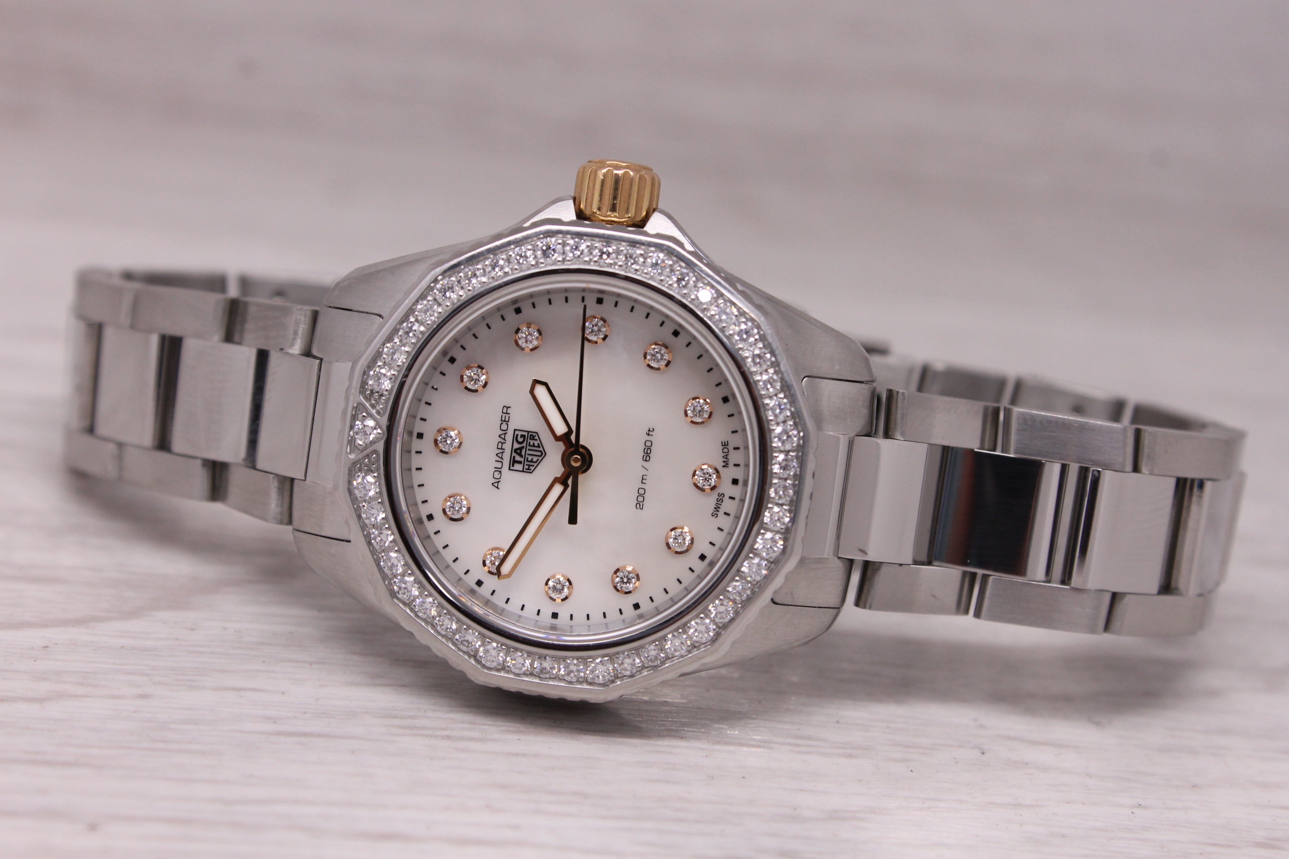Tag Heuer Aquaracer Ladies 31mm Steel 18k Gold Watch Diamond Bezel Dial WBP1451