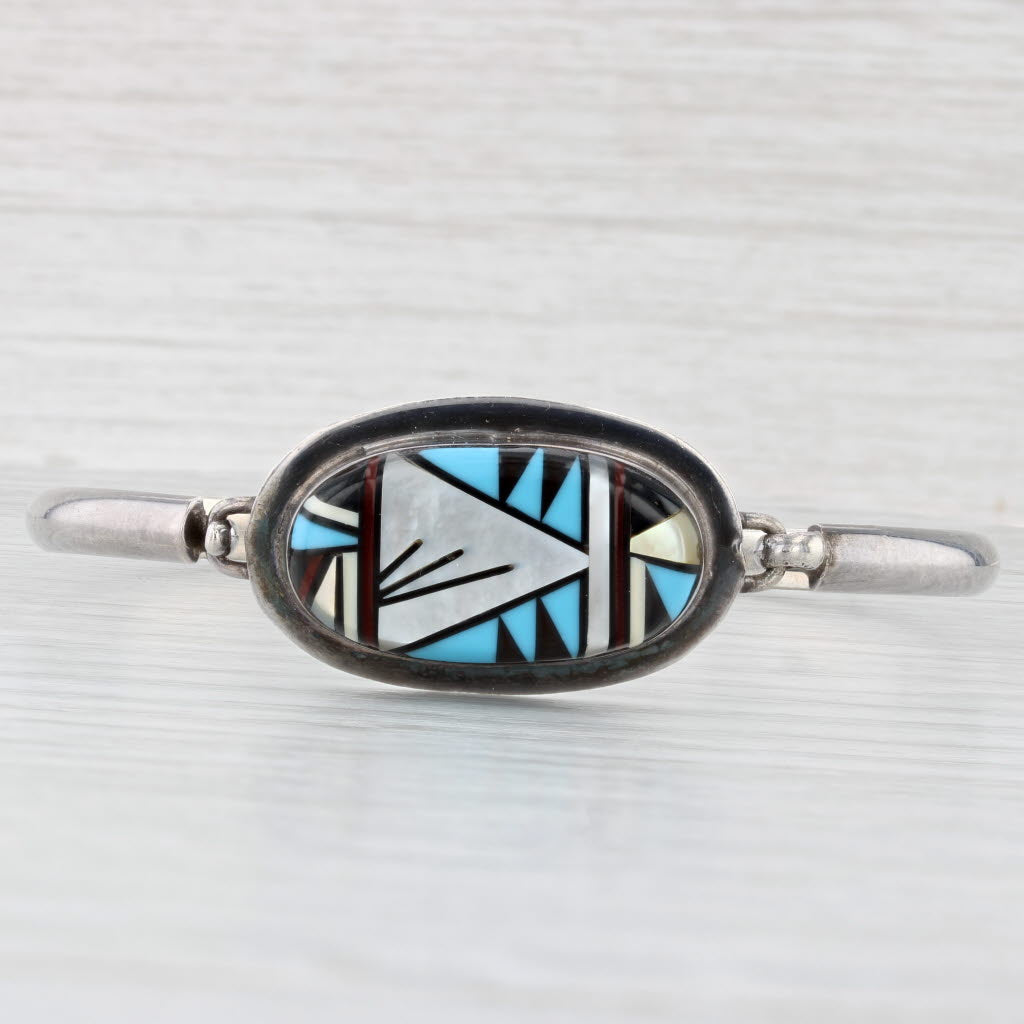 Light Gray Southwestern Mother of Pearl Resin Inlay Mosaic Bangle Bracelet Sterling Silver