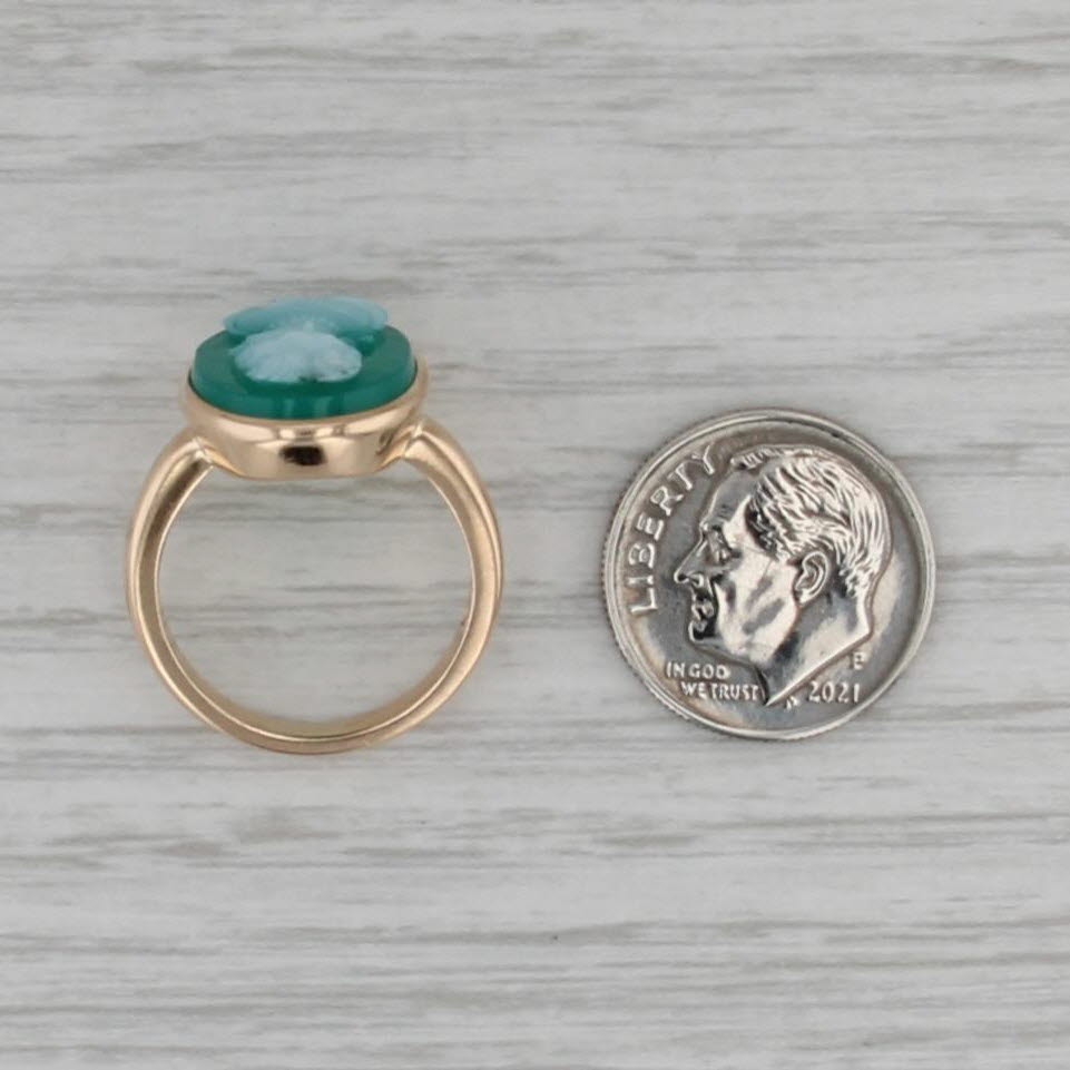 Vintage Church & Co Carved Glass Cameo Ring 14k Yellow Gold Size 6 Green White