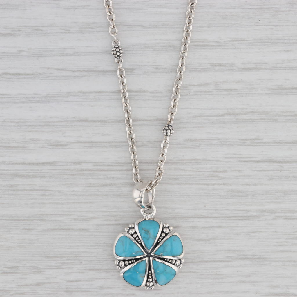 Gray New Lagos Caviar Maya Turquoise Flower Pendant Necklace Sterling Silver 17.5"