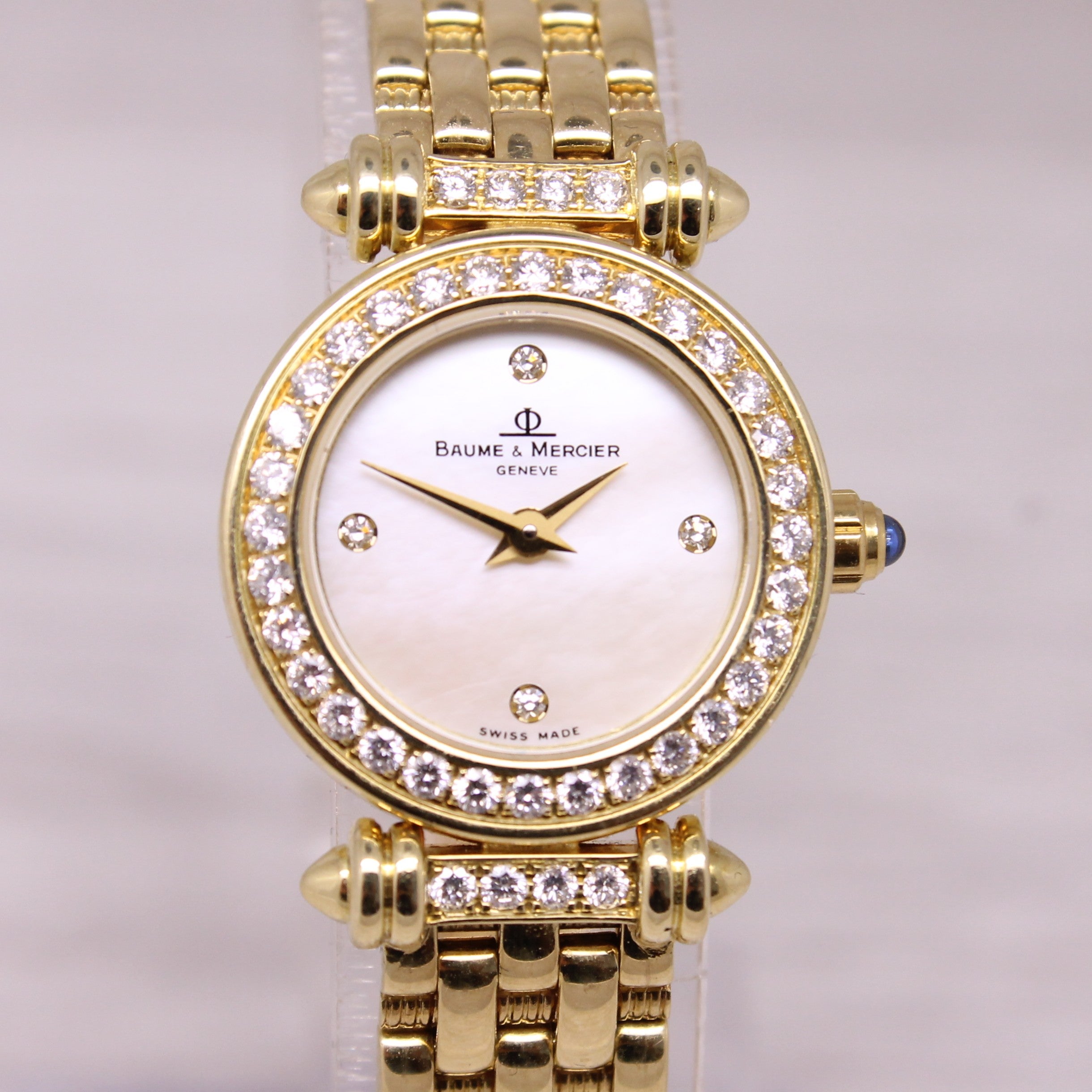 Baume & Mercier 18k Yellow Gold Ladies Quartz Watch Diamond Bezel & MOP Dial Box
