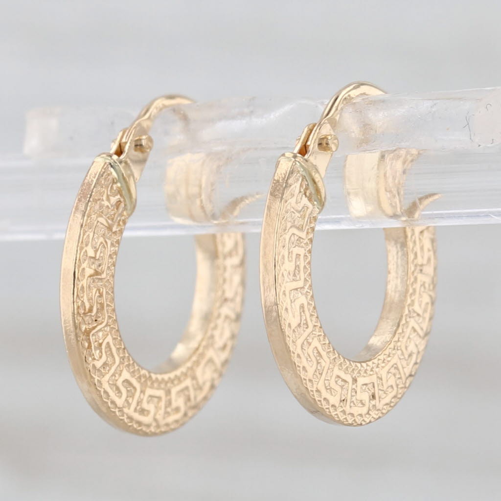 Small Greek Key Hoop Huggie Earrings 18k Yellow Gold Snap Top Round Hoops