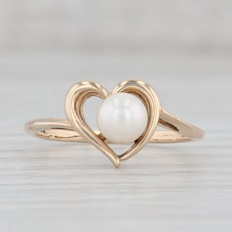Light Gray Cultured Pearl Solitaire Heart Ring 14k Yellow Gold Size 5 June Birthstone