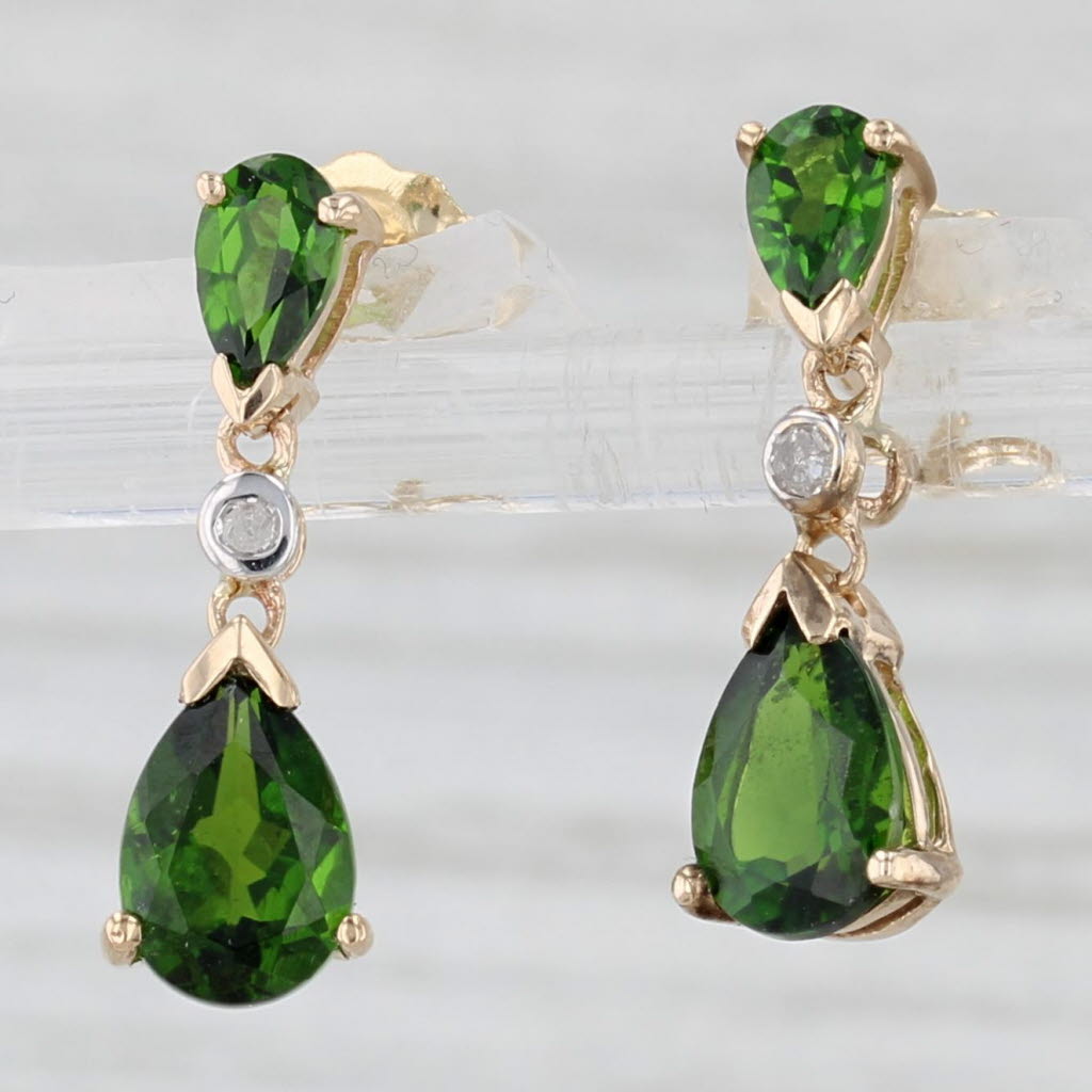 Light Gray 2.13ctw Green Chrome Diopside Teardrop Earrings 10k Yellow Gold Diamond Accented