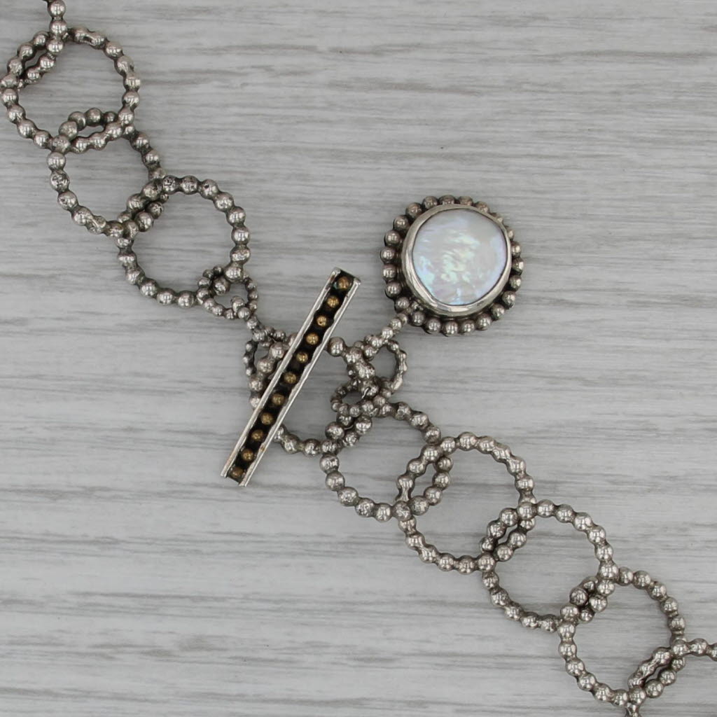 The Dreamer White Topaz Cultured Button Pearl Circle Link Necklace Silver Brass