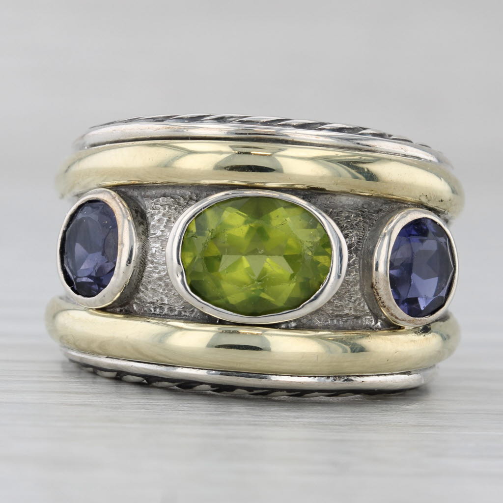 Gray David Yurman Renaissance Peridot Iolite Ring Sterling Silver 14k Gold Cocktail