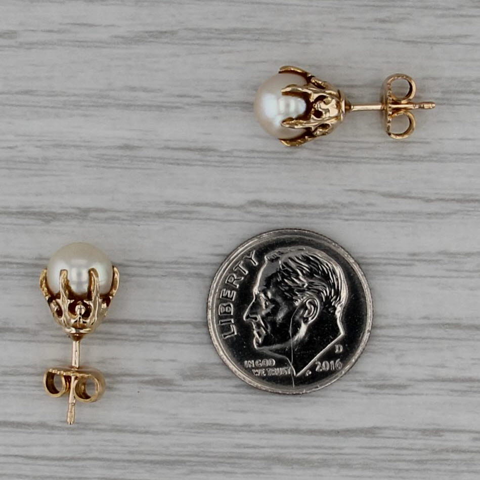 Ornate Vintage Cultured 7mm Pearl Stud Earrings 14k Yellow Gold Studs