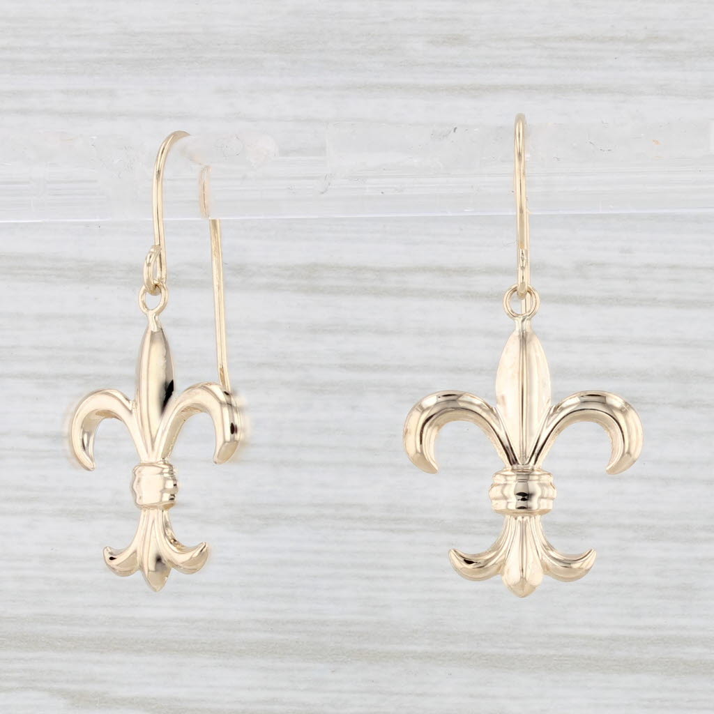 Light Gray Fleur De Lis Dangle Earrings 14k Yellow Gold Hook Posts