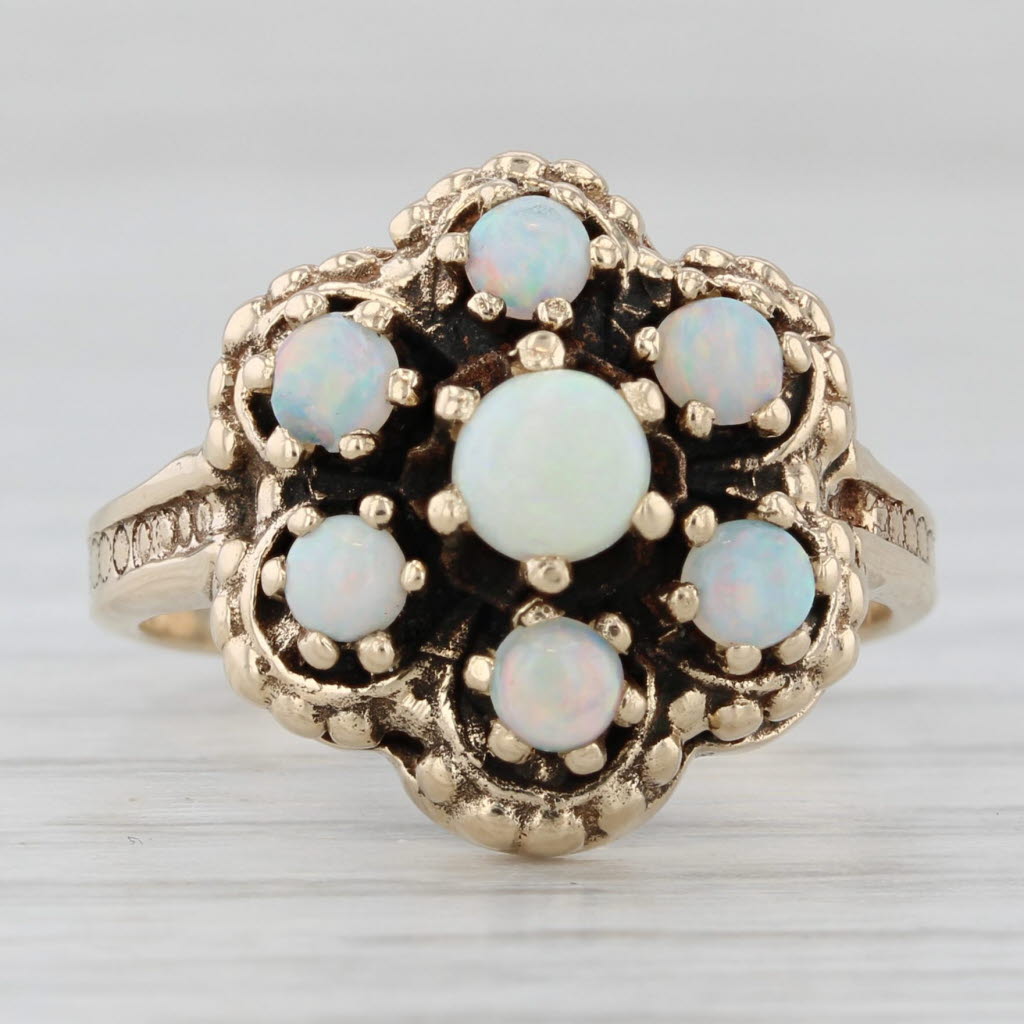 Gray Vintage Opal Cluster Flower Ring 14k Yellow Gold Size 6.25