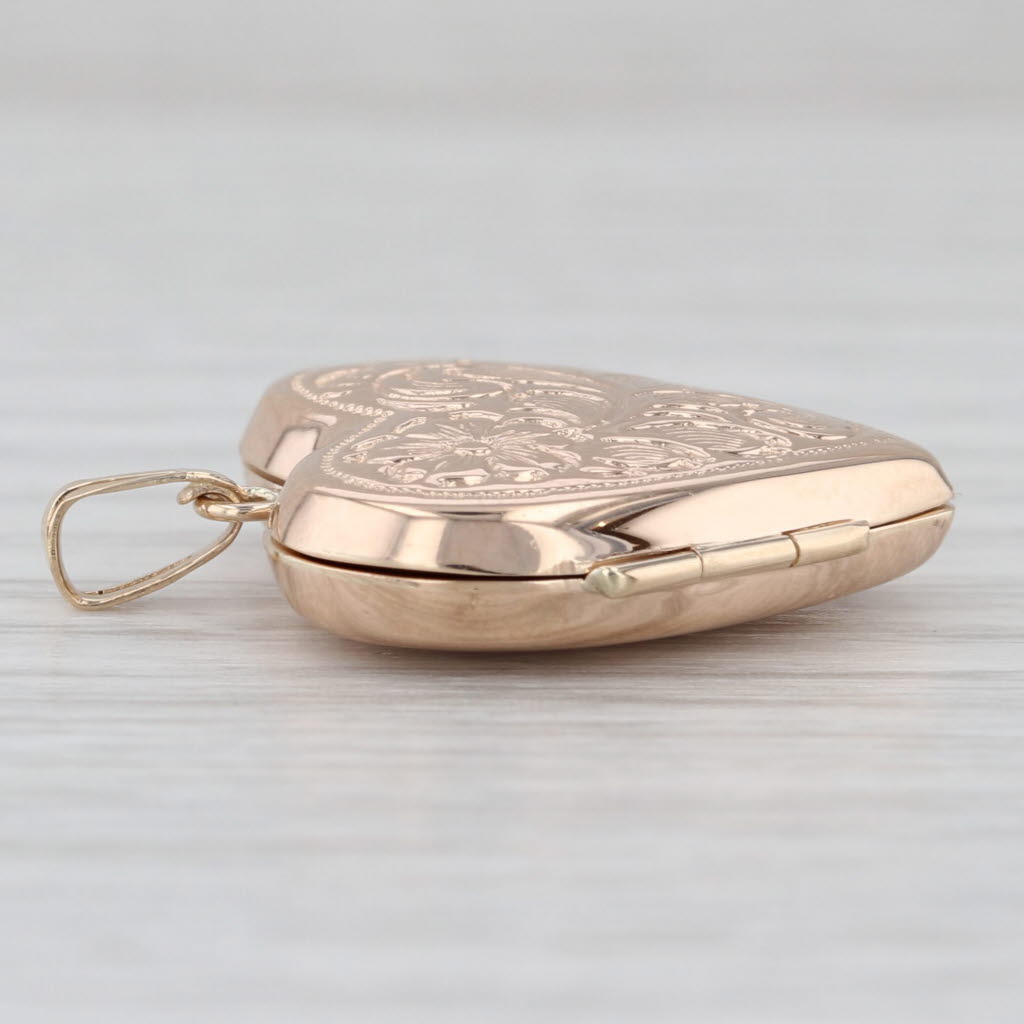 Vintage Floral Heart Locket Pendant 10k Rose Gold Charm Engravable Opens