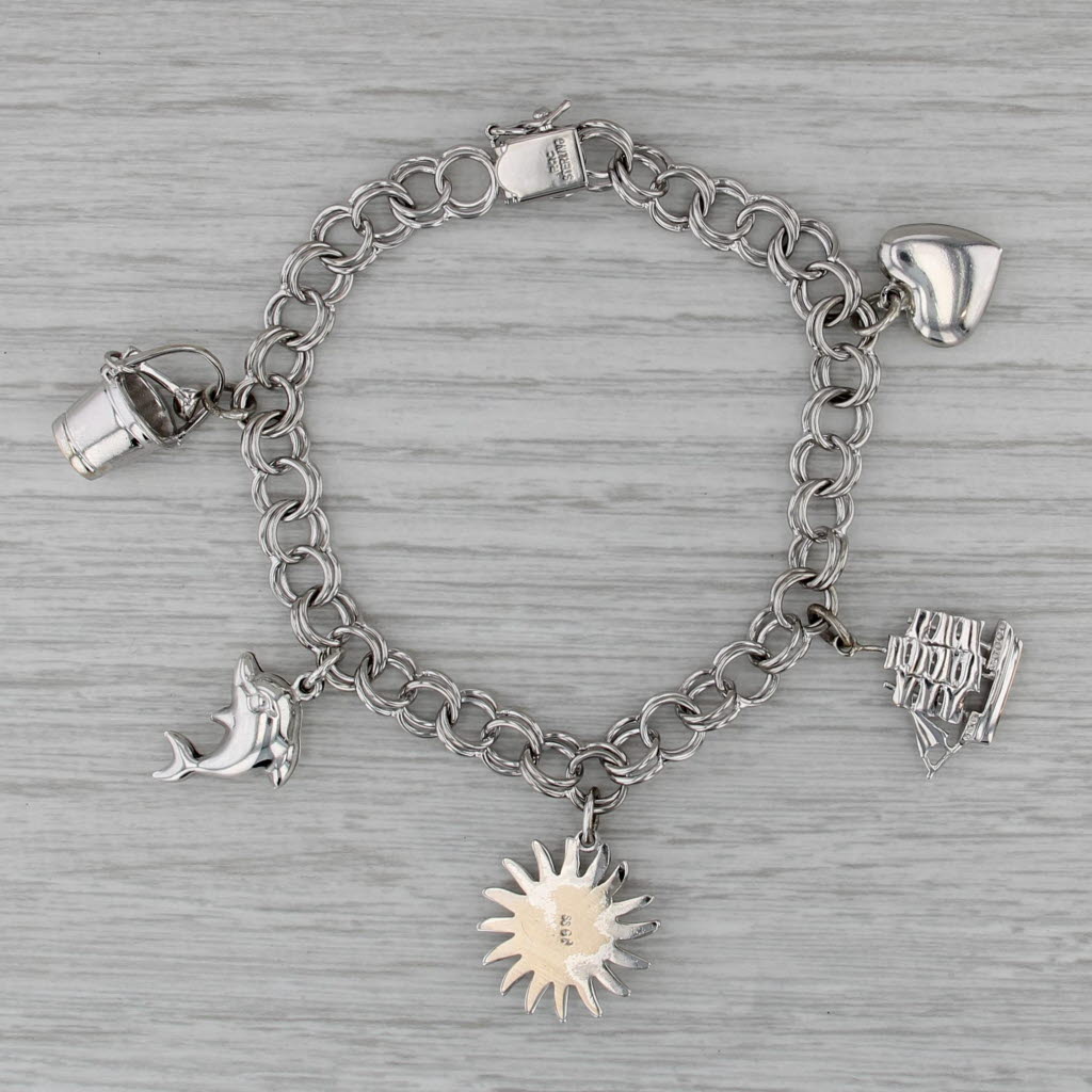 Nautical Charm Bracelet Sterling Silver Curb Chain 7.5" Sun Heart Dolphin Ship