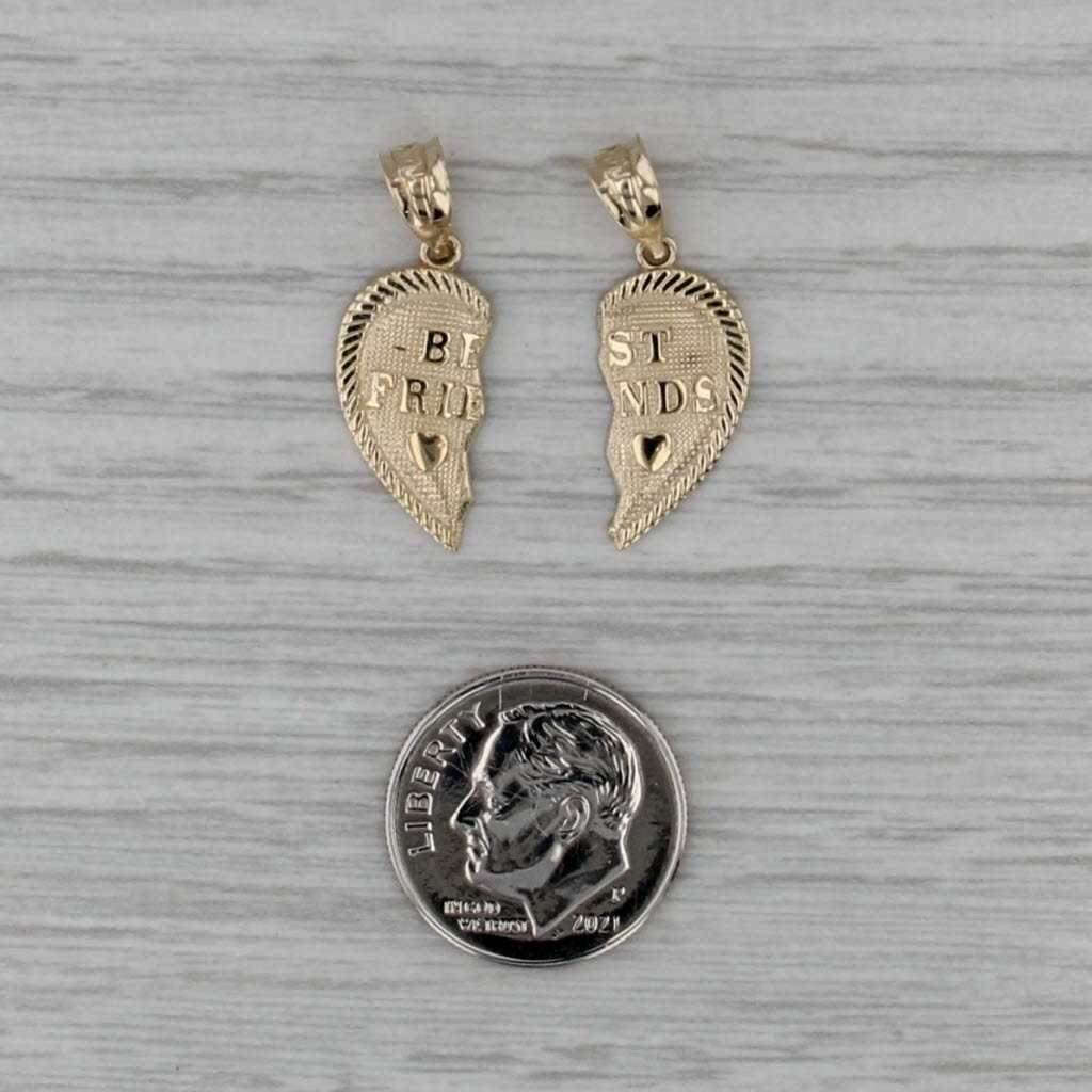 Best Friends Heart Halves 2 Drop Pendants 14k Yellow Gold Gift