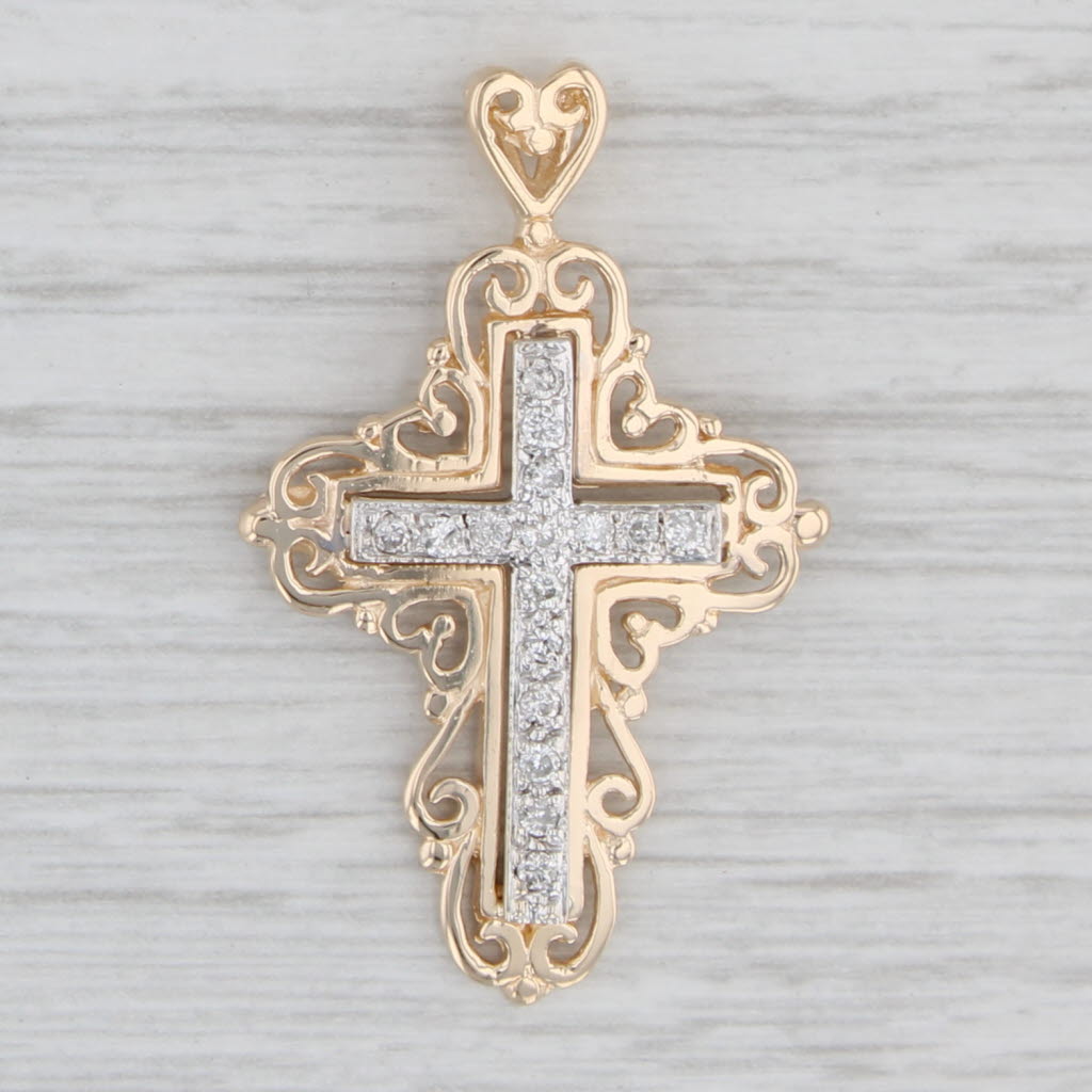 Light Gray 0.24ctw Diamond Ornate Cross Pendant Heart Bail 14k Gold Religious Jewelry