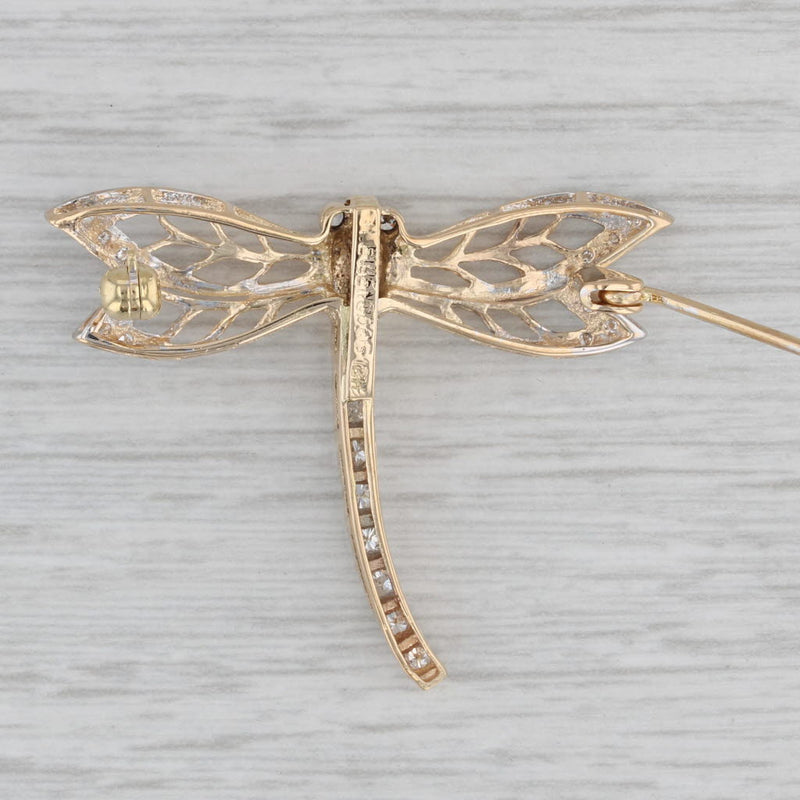 Gray 0.25ctw Diamond Dragonfly Brooch 18k Yellow Gold Statement Pin Insect Jewelry
