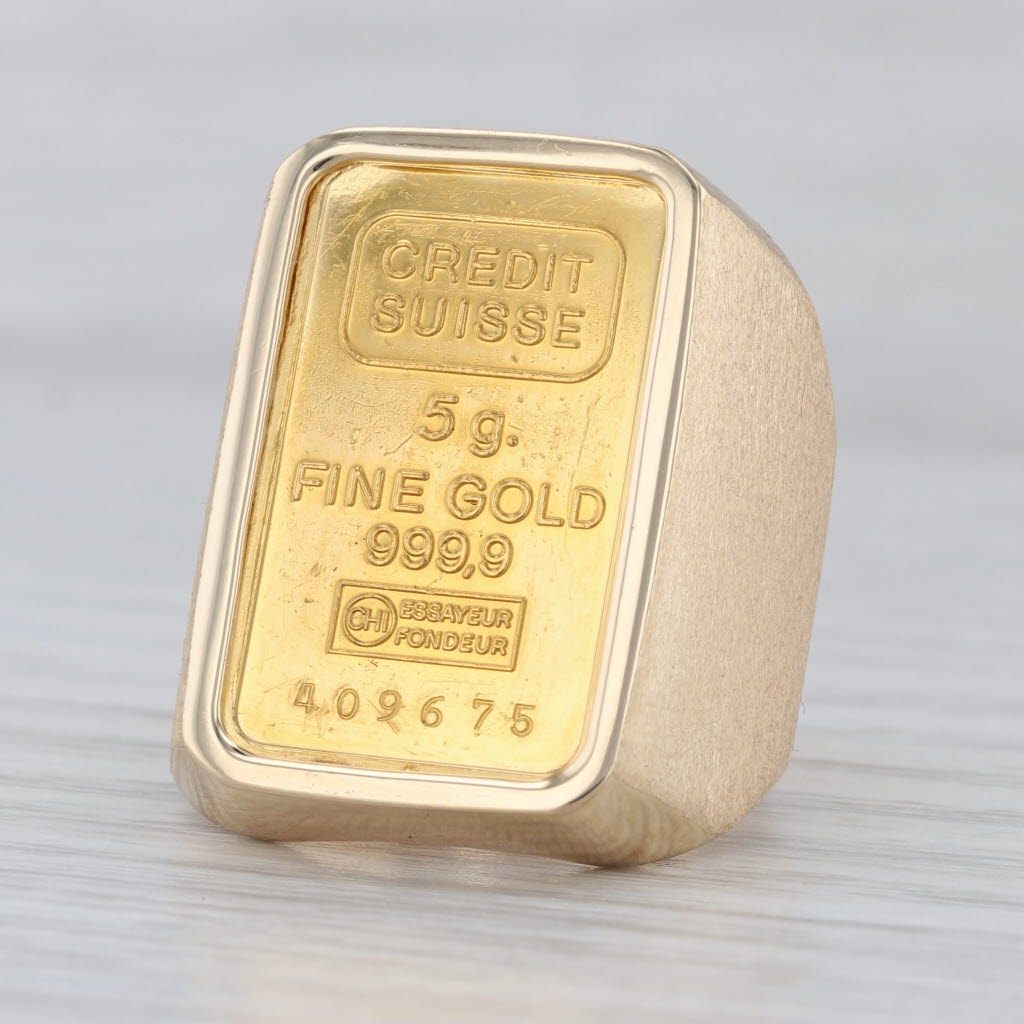 5 Gram Credit Suisse Gold Bar Ring 14k 9999 Fine Gold Size 8.75 Signet