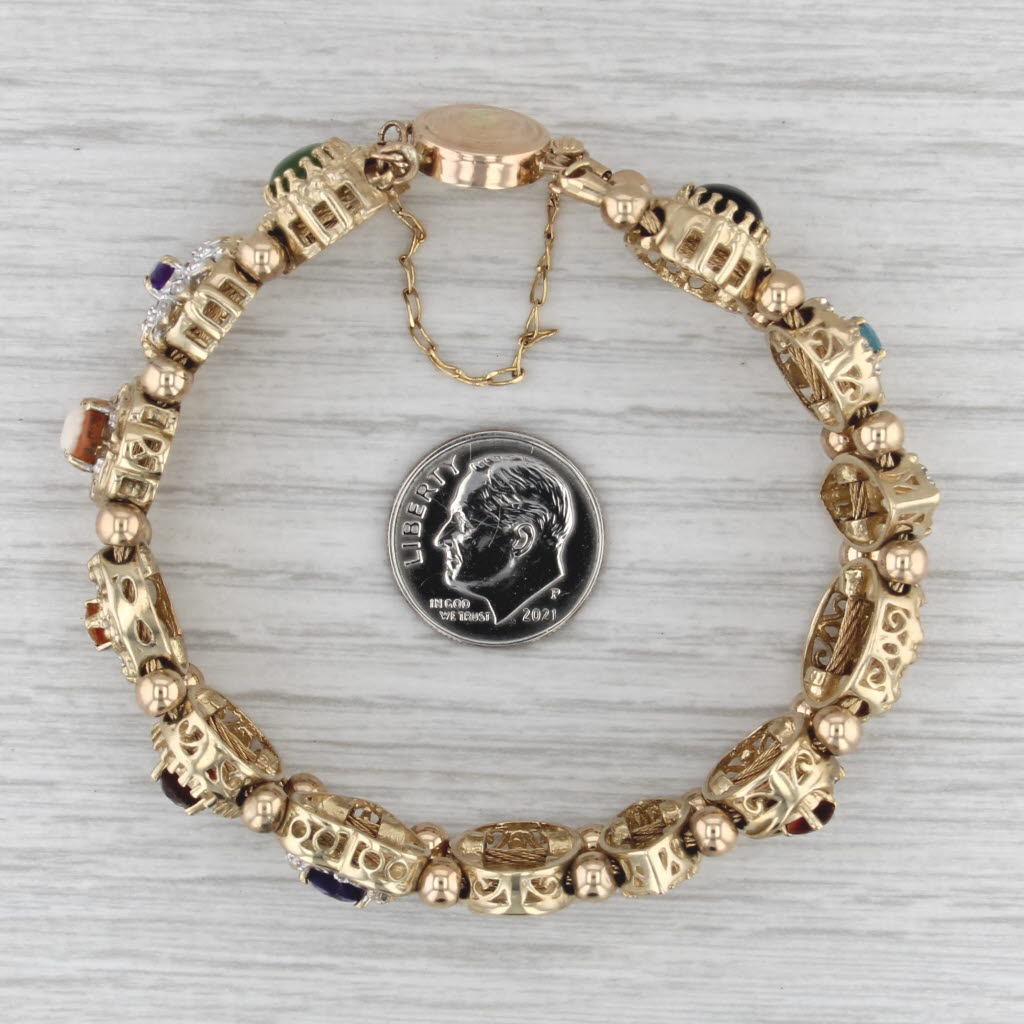 OMG Richard Klein Vintage Slide Charm Bracelet Gemstone Cameo 6.75" 14k 10k Gold