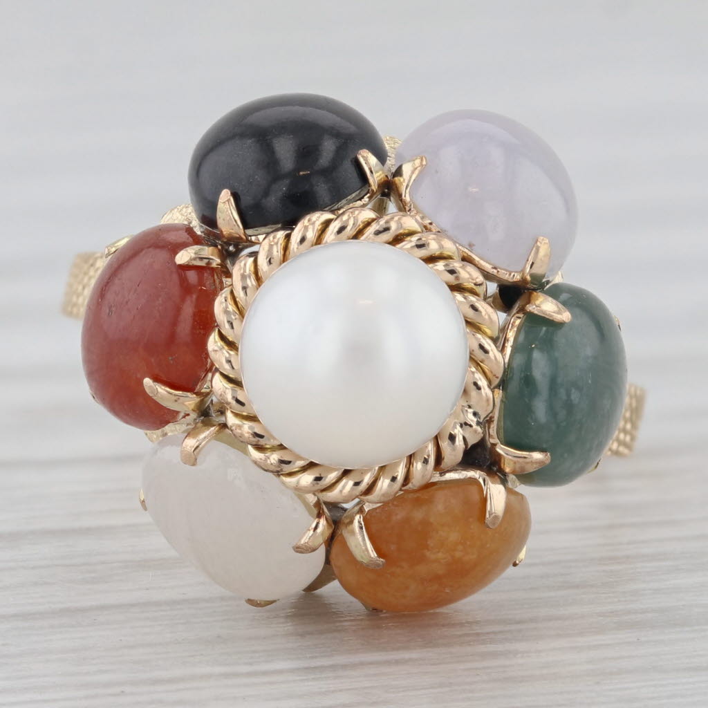 Gray Cultured Pearl Jadeite Jade Ring 14k Yellow Gold Cocktail Size 6.25