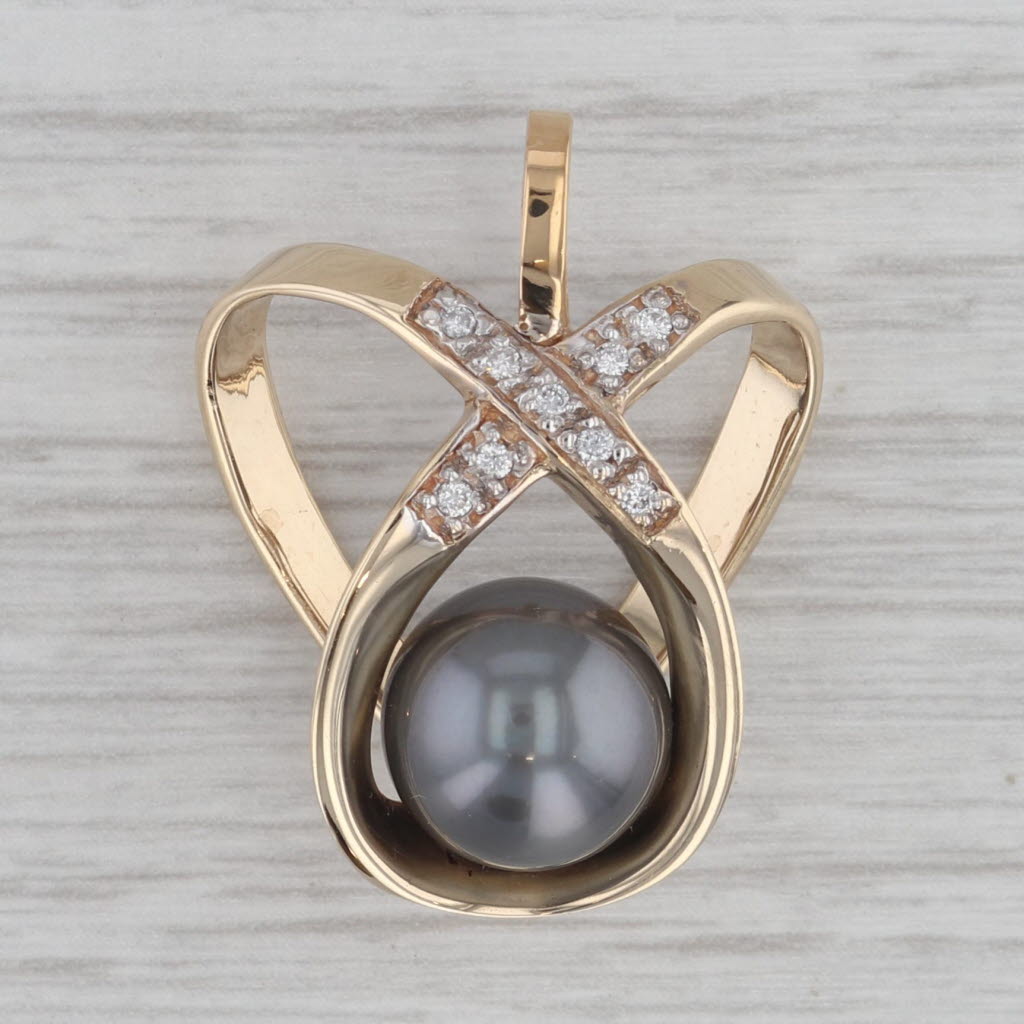 Gray Cultured Black Pearl Diamond Orbit Pendant 14k Yellow Gold