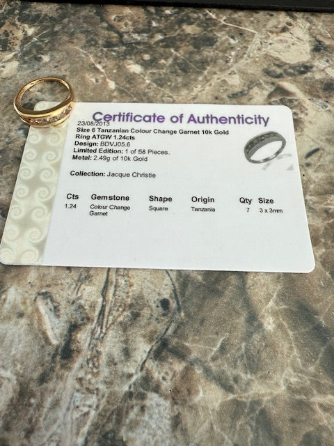 1.24ctw Color Change Garnet Ring 10k Yellow Gold Size 6.25 Band Stackable COA